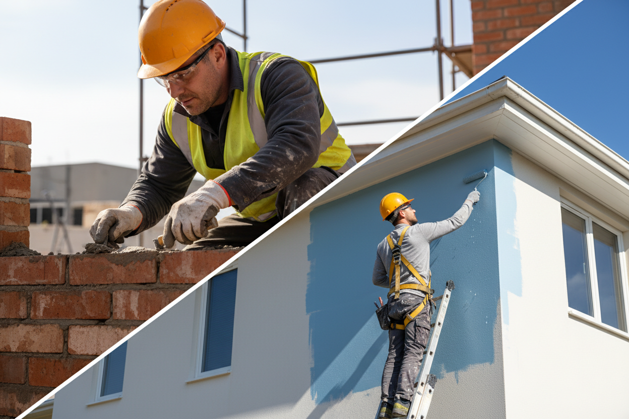 collage of bricklayer and a house painter working outdoor