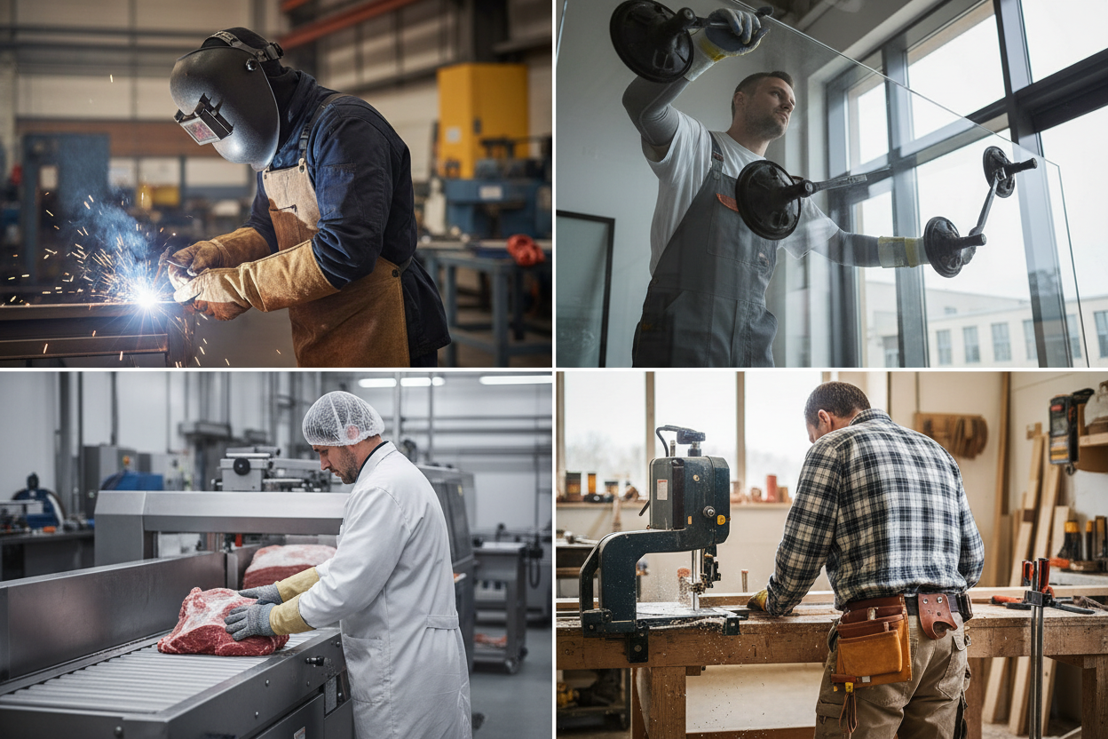 make the carpenter wear the correct clothing for the job, also the glazier. the butcher shall be on a factory production line instead. welder stay the same.