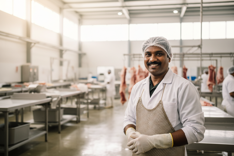 srilankan butcher at a factory taking a moment to be thankful and happy for his work