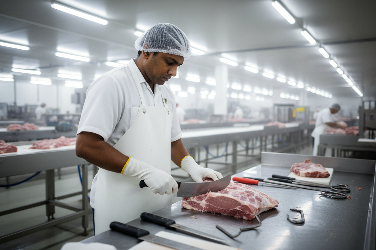 srilankan man work as butcher in a pork factory