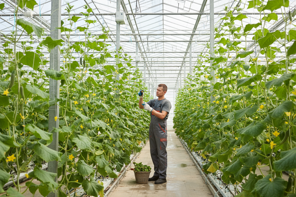 worker at a cucumber greenhouse